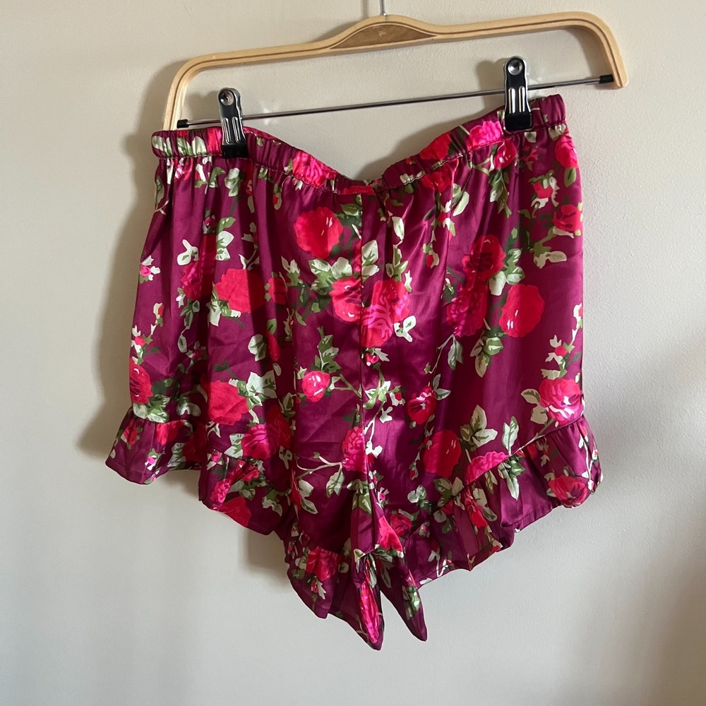 8 Oak Lane Pink Satin Ruffle Short PJ Set, Floral Red, Velvet Bows Sz S - Picture 9 of 9